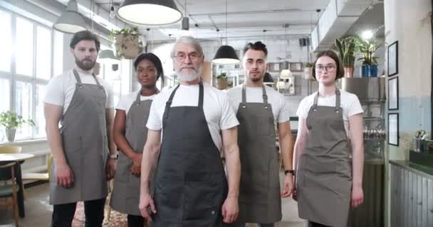 灰色のエプロンのカフェ従業員の多様なグループは 手を横切って笑顔で隣に立っています カメラを眺めているコーヒーバースタッフのワイドショットパン — ストック動画
