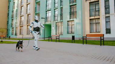 Gerçekçi insan benzeri robot, sokak arasında gezerken dışarıda teriyer köpekle yürüyor. Sevimli evcil hayvan modern sayborgla temiz havada gezintiye çıkıyor.,