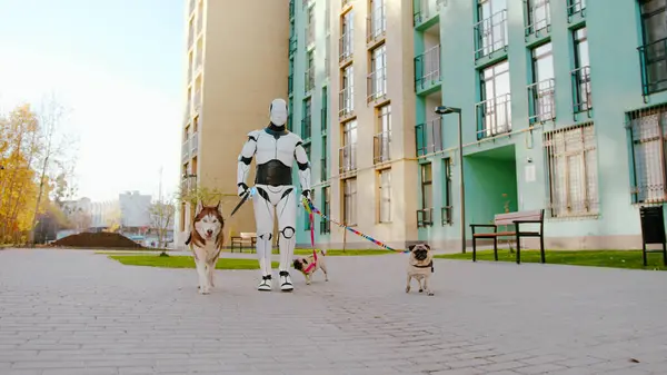 Smart and futuristic white robot supporting people by walking pets outdoors. Robotic assistant cyborg performing daily human obligations. Artificial intelligence and domestic animals.
