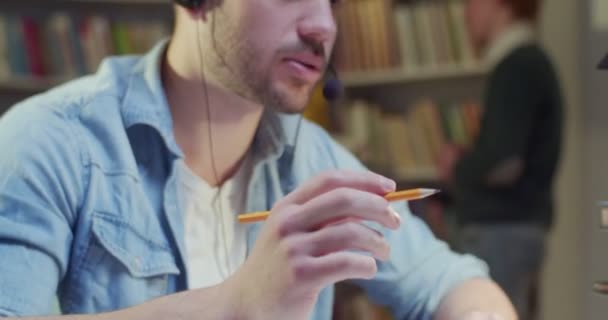 Close Caucasian Male Student Headset Studying Laptop Having Videochat Taking — Stock Video