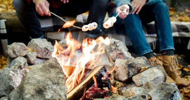 Aesthetic bonfire in forest covered with yellowed leaves in the middle of autumn. People roast marshmallows on fire. Atmosphere of nature harmony in fall. clipart