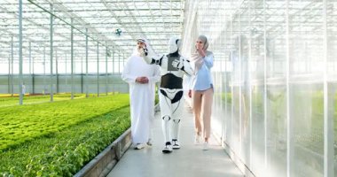 Potansiyel Arap yatırımcılar için modern seraya gezi düzenleyen tabletli otomotik robot asistanı. Cyborg, büyüyen ekolojik yeşilliğin yeni hidrofonik sistemini gösteriyor.