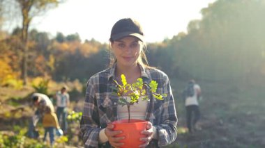 Şapkalı güzel beyaz kadın portresi dışarıda duruyor, saksıda ağaç filizleniyor ve neşeyle gülümsüyor. Ormanların yok edilmesine karşı çalışan güzel bir kadın eko gönüllüsü. Yetiştirme kavramı.