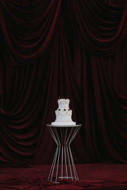 Göz kamaştırıcı beyaz bir düğün pastası zarif bir şekilde şık bir masada sunuldu zengin bir arkaplana karşı.