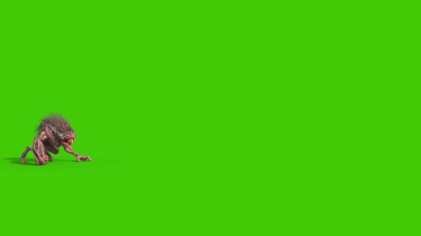 Mane Monster Long Fangs Attaks Green Screen Side Rendering Animation — Stock Video