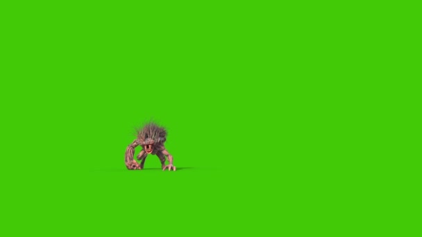 Mane Monster Long Fangs Attaks Green Screen Front Rendering Animation — Stock video