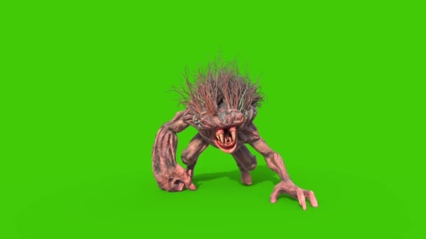 Mane Monster Långa Huggtänder Grön Skärm Front Rendering Animation — Stockvideo