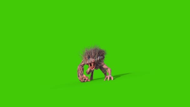 Mane Monster Długie Kły Attaks Green Screen Animacja Renderowania — Wideo stockowe