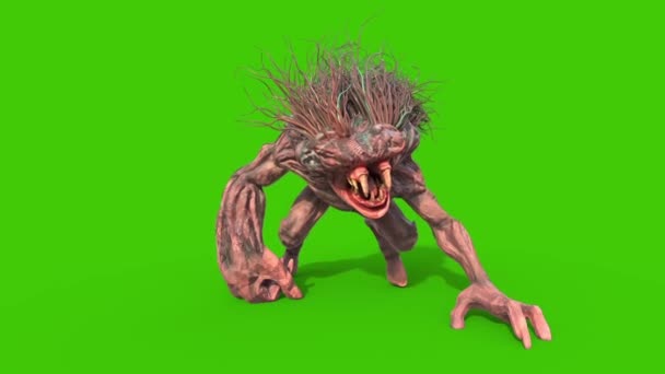 Mane Monster Långa Huggtänder Titta Runt Grön Skärm Rendering Animation — Stockvideo