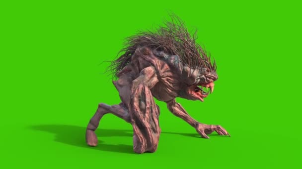 Mane Monster Long Fangs Look Green Screen Side Rendering Animation — Stock video