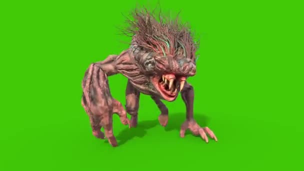 Mane Monster Long Fangs Walkcycle Green Screen Front Loop 3D渲染动画 — 图库视频影像