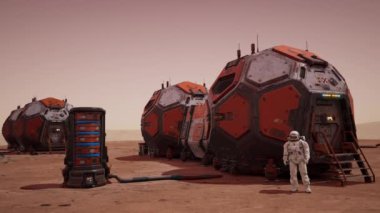 Mars Konutları, Astronot Yürüyüşleri Zoom, Ulaşım Araçları, Uzaylı Gezegeni, 3D Canlandırma CGI 4K