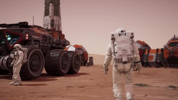 Caminatas Astronautas Planeta Extraterrestre Marte Vehículos Transporte Animaciones Representación Cgi — Vídeos de Stock