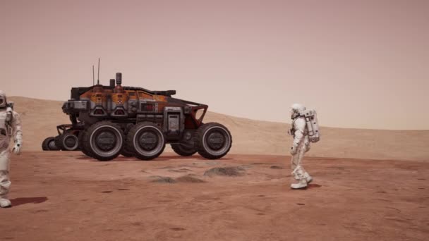 Marsi Táj Űrhajós Séták Idegen Bolygó Szállítójárművek Animációk Renderelés Cgi — Stock videók