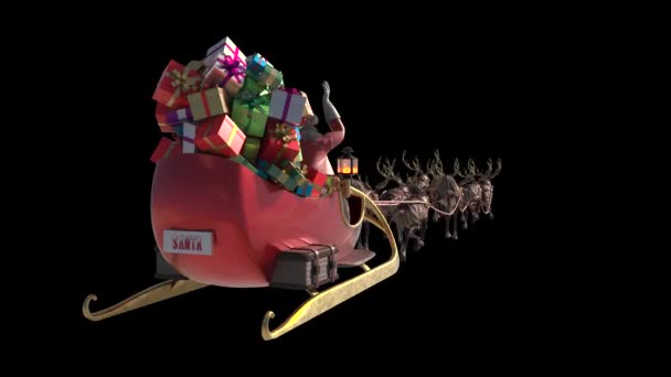 Santa Sleigh Flies Alpha Matte Julegaver Reinsdyr Tilbake Gjengivende Animasjon – stockvideo