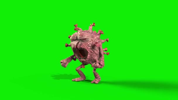 Virus Monster Covid19 Angrep Front Loop Grønn Skjerm Gjengivende Animasjon – stockvideo