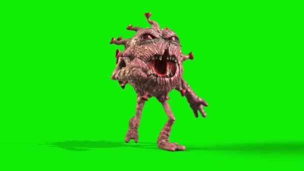 Virus Monster Covid19 Walkcycle Side Grønn Screen Loop Gjengivende Animasjon – stockvideo