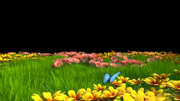 Blomstrende Eng Med Blå Sommerfugler Alpha Matte Animasjon Rendering – stockvideo