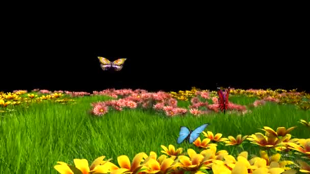 Flowery Meadow Butterflies Front Alpha Matte Animation Rendering — Stock Video