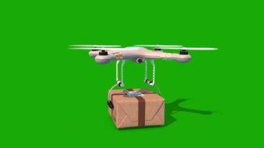 Yeşil Ekran Alfa Matte İHA 'sı yerden bir paketle havalanıyor ve 3D Uçuş Uzağı Animasyon Taşıma Konsepti