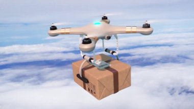 Quadcopter Mavi Gök 'te Kusursuz 3D Modern Sevkiyat Konseptinde Paket Teslim Ediyor