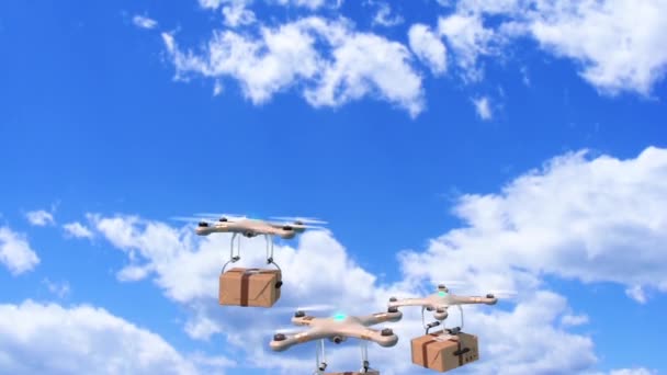 Πολλά Quadcopters Rising Στον Γαλάζιο Ουρανό Και Την Παράδοση Δεμάτων — Αρχείο Βίντεο