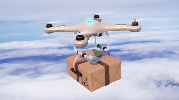 Quadcopter Liefert Ein Paket Blue Sky Nahtlose Animation Modernes Lieferkonzept lizenzfreies Stockvideo