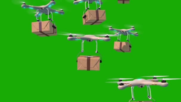 Zöld Képernyő Alpha Matte Sok Quadcopter Emelkedik Fel Kék Szállítási — Stock videók