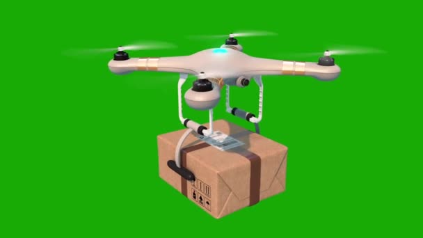 ブルースカイシームレス3Dアニメーション現代配信コンセプトでパッケージを配信する緑色のアルファマットクワッドコプター — ストック動画
