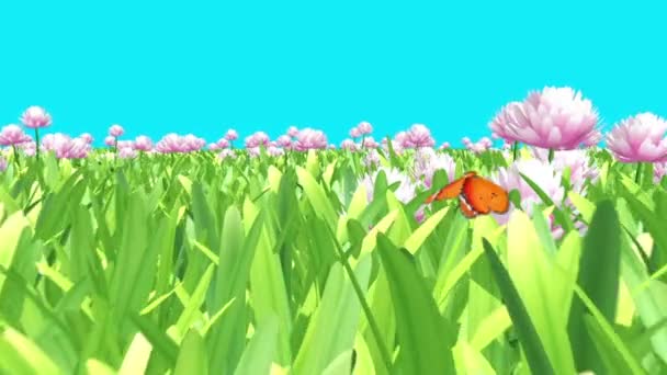 Motyle Latające Nad Łąką Kwiatową Niebieski Ekran Odwzorowania Animacje — Wideo stockowe