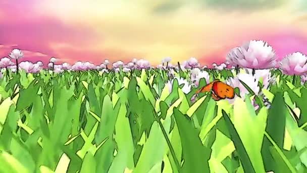 Метелики Літають Над Квіткою Луг Мультфільми Рендеринг Анімації — стокове відео