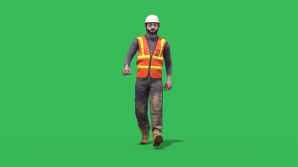 Trabalhador Pedreiro Com Barba Tela Verde Walkcycle Loop Rendering Animação — Vídeo de Stock