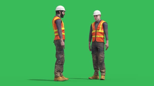 Trabalhadores Pedreiros Tela Verde Falam Animação Renderização Local Construção — Vídeo de Stock