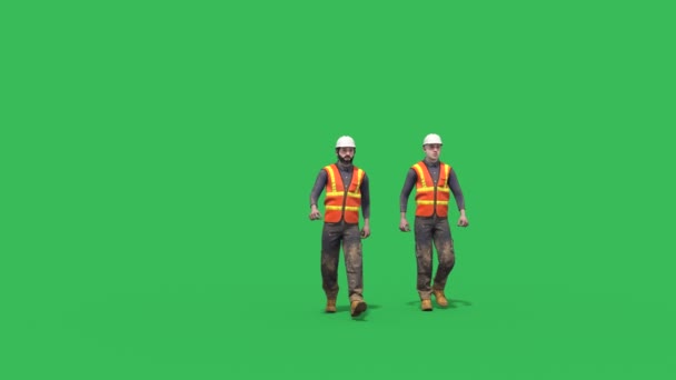 Trabalhadores Pedreiros Tela Verde Caminha Frente Rendering Animação — Vídeo de Stock