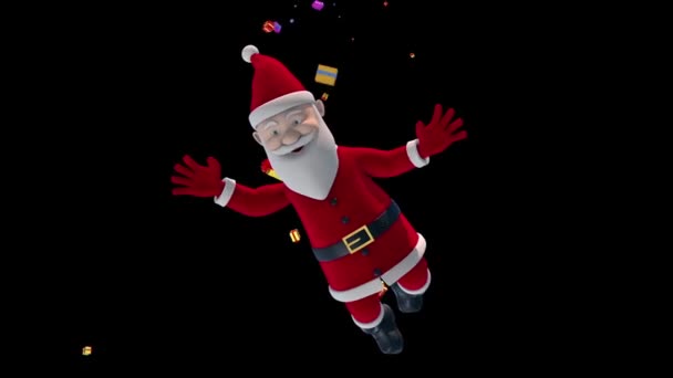 Weihnachtsmann Fliegt Mit Weihnachtsgeschenken Alpha Matte Rendering Animation — Stockvideo