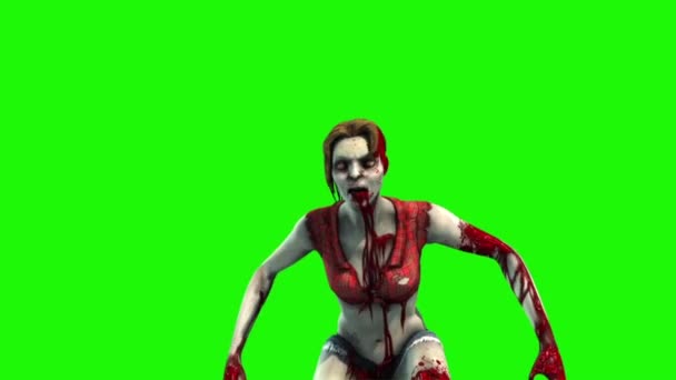僵尸女人愤怒的攻击血侧绿色屏幕3D渲染动画 — 图库视频影像