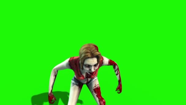 Zombie Kvinne Rasende Angrep Blod Foran Grønn Skjerm Gjengivende Animasjon – stockvideo