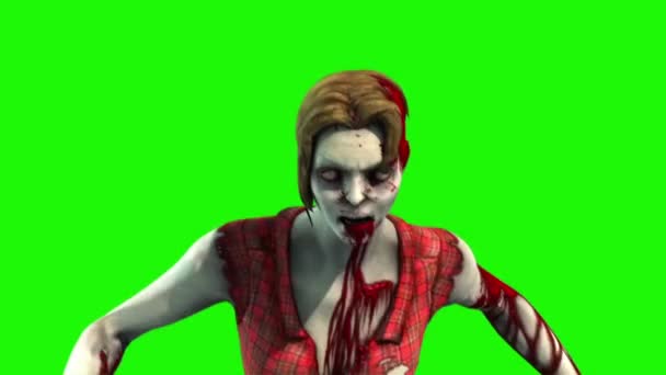 Zombie Mujer Walkcycle Pantalla Verde Frontal Rendering Animation — Vídeos de Stock