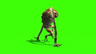 Canavar uzaylı uzun bacak yürür döngü yan 3d animasyon yeşil ekran