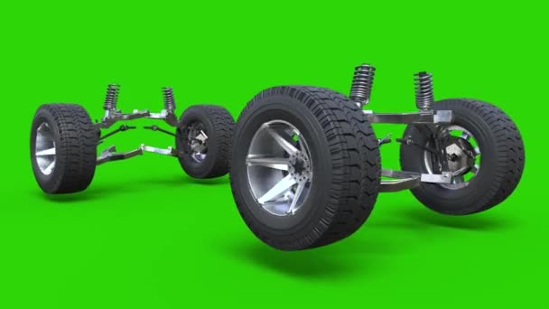 Rodas Amortecedor Carro Verde Tela Rota Renderização Animação — Vídeo de Stock