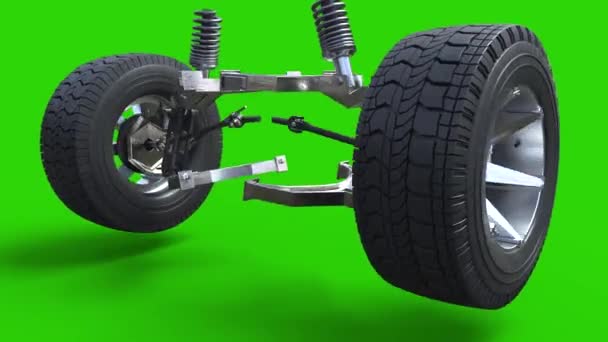 Rodas Amortecedor Carro Verde Tela Rota Renderização Close Animação — Vídeo de Stock