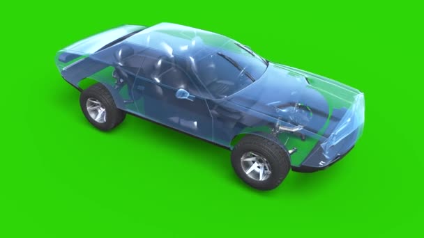 Rodas Amortecedor Carro Mecânica Tela Verde Renderização Animação — Vídeo de Stock
