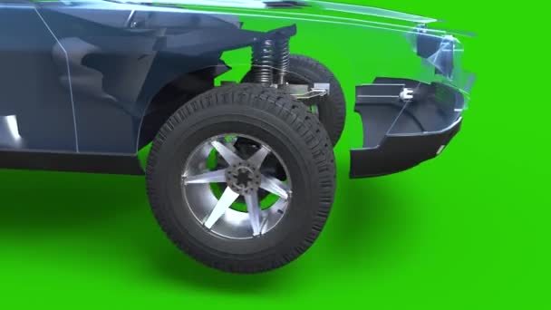 Rodas Amortecedor Carro Mecânica Tela Verde Renderização Close Animação — Vídeo de Stock