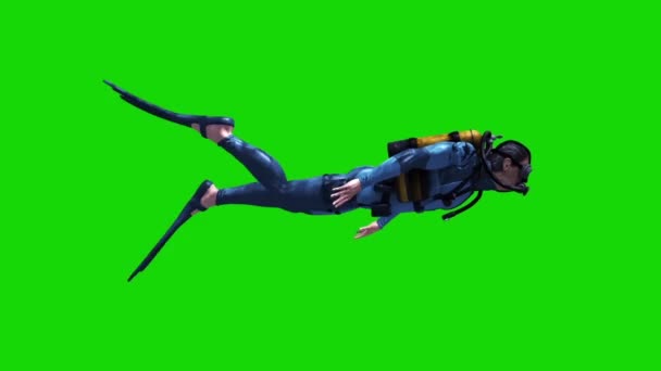 Diver Swimcycle Scuba Diving Cylinders Side Green Screen Rendering Animation — Stock Video