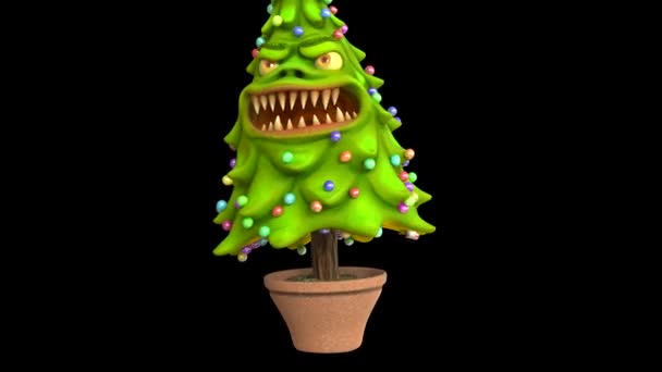 Monster Christmas Tree Attacks Front Alpha Matte Rendering Animation Royalty Free Stock Video