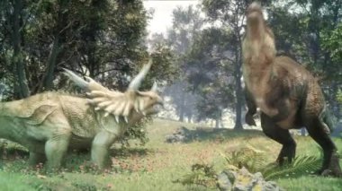 Dövüş Giganotosaurus Triceratops 'a karşı 3D Animasyon Dinozorları 4K Cgi
