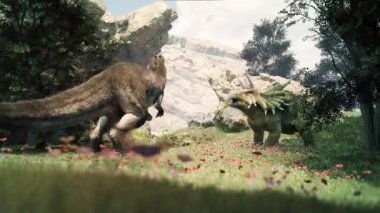 Giganotosaurus Triceratops 'a karşı 3 boyutlu animasyon Dinozorlar 4K