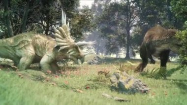 Giganotosaurus Triceratops 'a karşı 3 boyutlu dövüş için hazır Dinozorlar 4K 