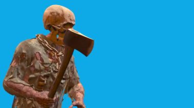 Katil İskelet Canavarı Baltayla Vuruyor Mavi Ekran Korku Cadılar Bayramı 3 boyutlu animasyonlar CGI