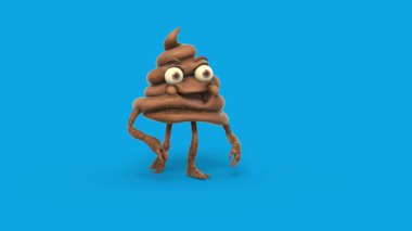 Çizgi film Poop Walks Front Blue Screen 3D animasyon CGI oluşturma